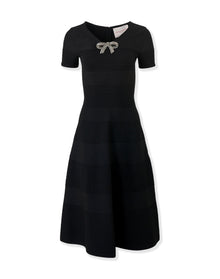 Embroidered V Neck Flare Dress | Black