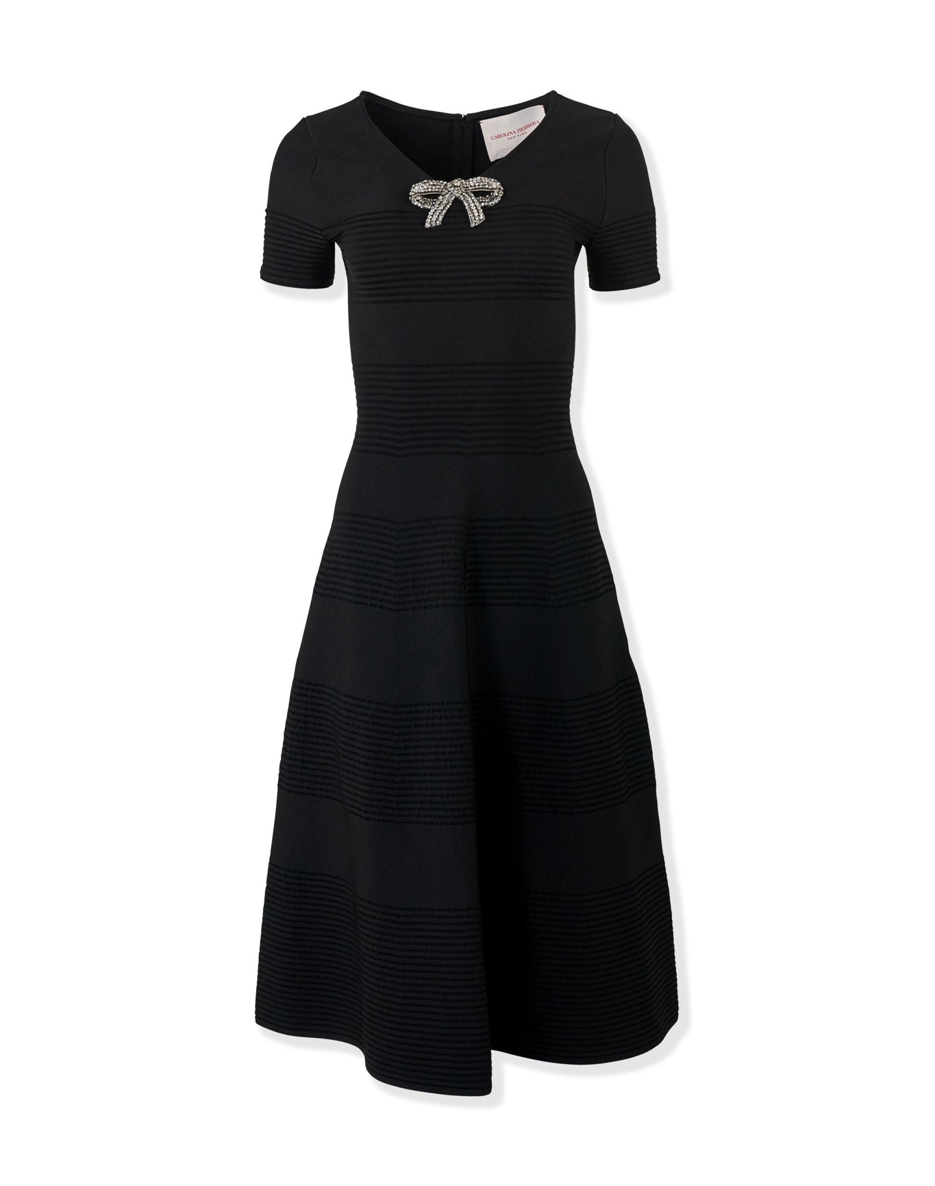 Embroidered V Neck Flare Dress | Black