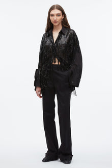 Sequin Fringe Shirt with Cascade Drape | Black