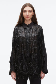 Sequin Fringe Shirt with Cascade Drape | Black