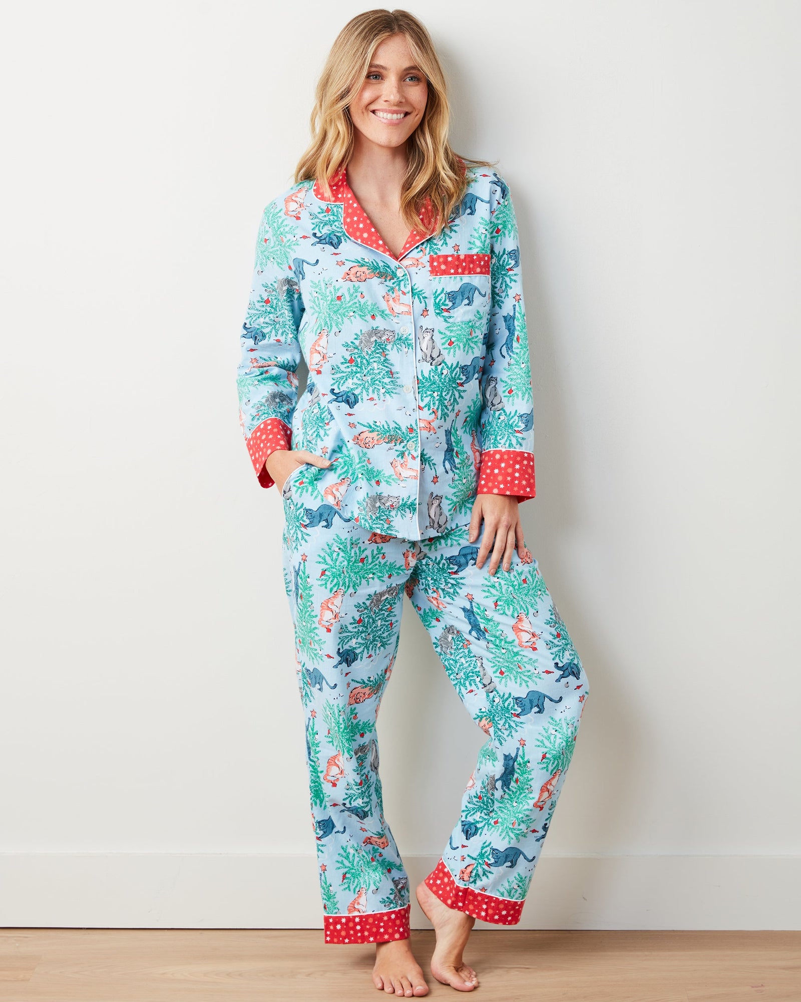 Frisky Firs - Lightweight Flannel Long PJ Set - Twinkling Blue - Printfresh