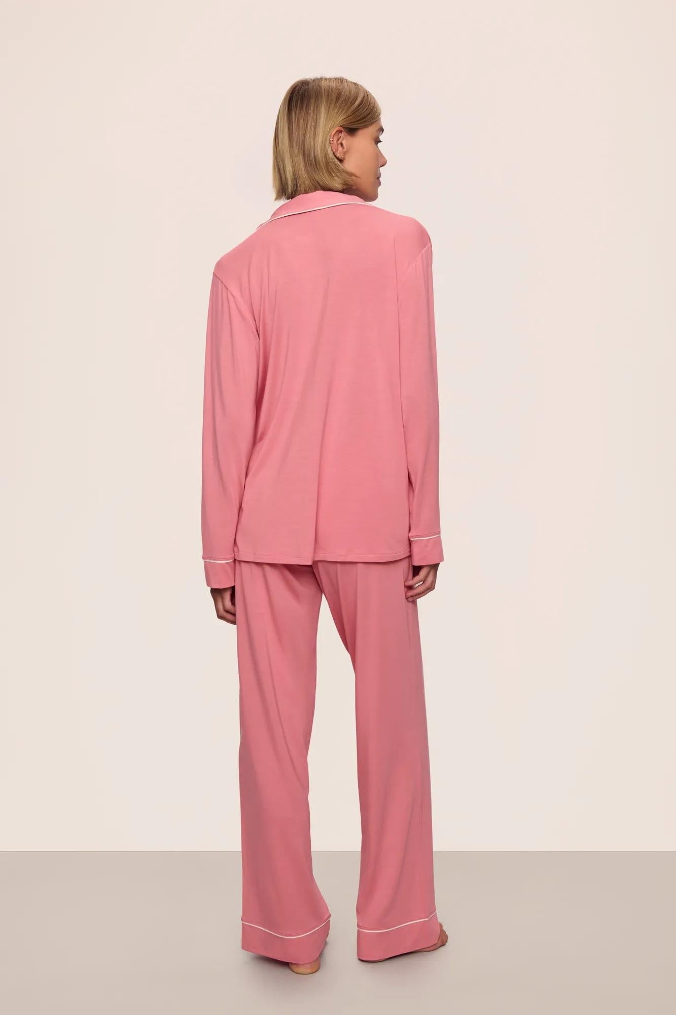 Model is wearing Gisele TENCEL Modal Long PJ Set in  Sunkissed Coral/Ivory