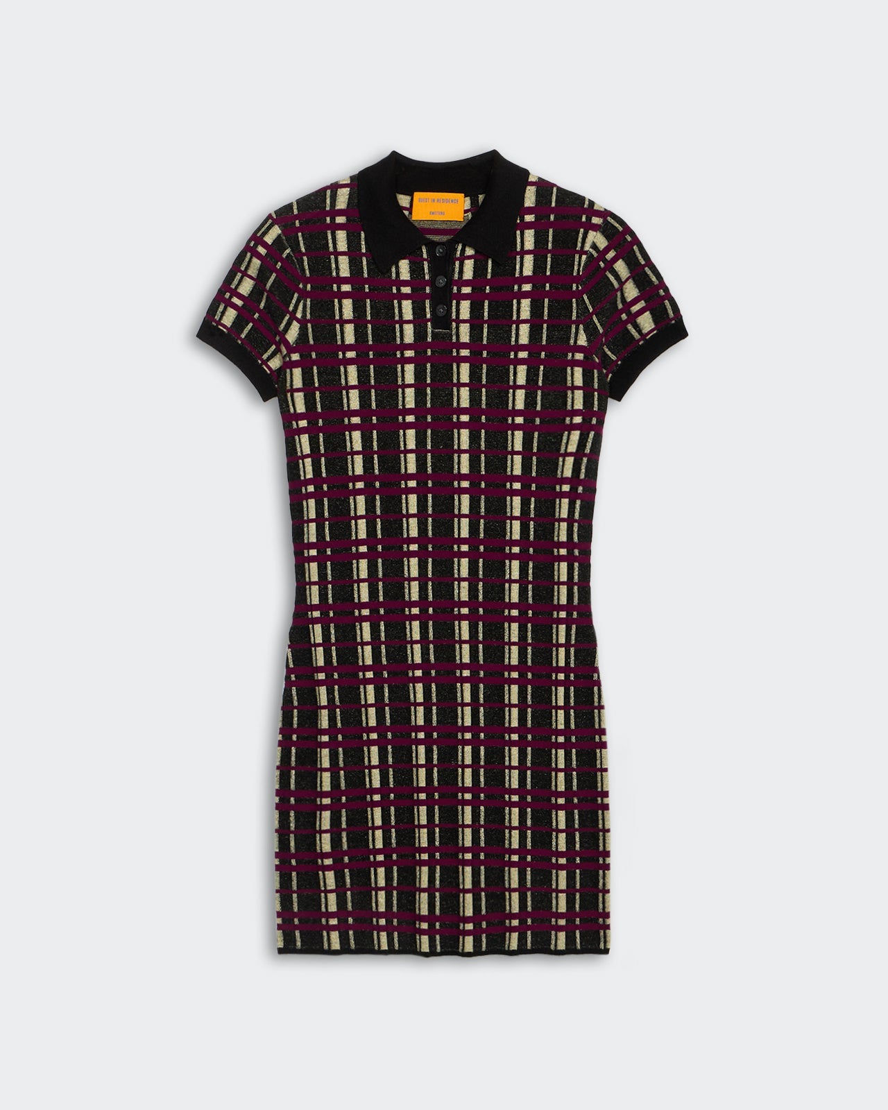 Plaid Polo Dress - Black Combo, lightweight rib plaid polo dress with short sleeves and three-button front placket.