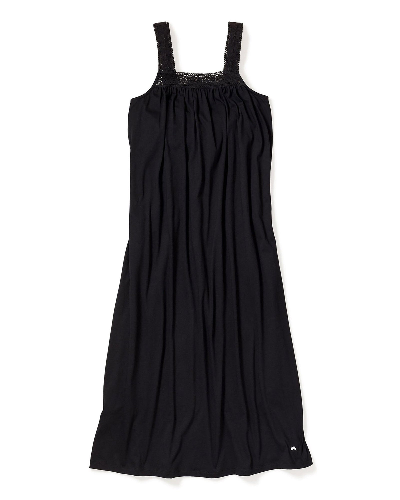 The Womens Pima Camille Nightgown by Petite Plume is a sleeveless black dress with a gathered bodice and wide shoulder straps, crafted from soft Peruvian Pima cotton. It drapes loosely with luxury nightgown vibes and has a small logo near the hem, laid flat on a white background.