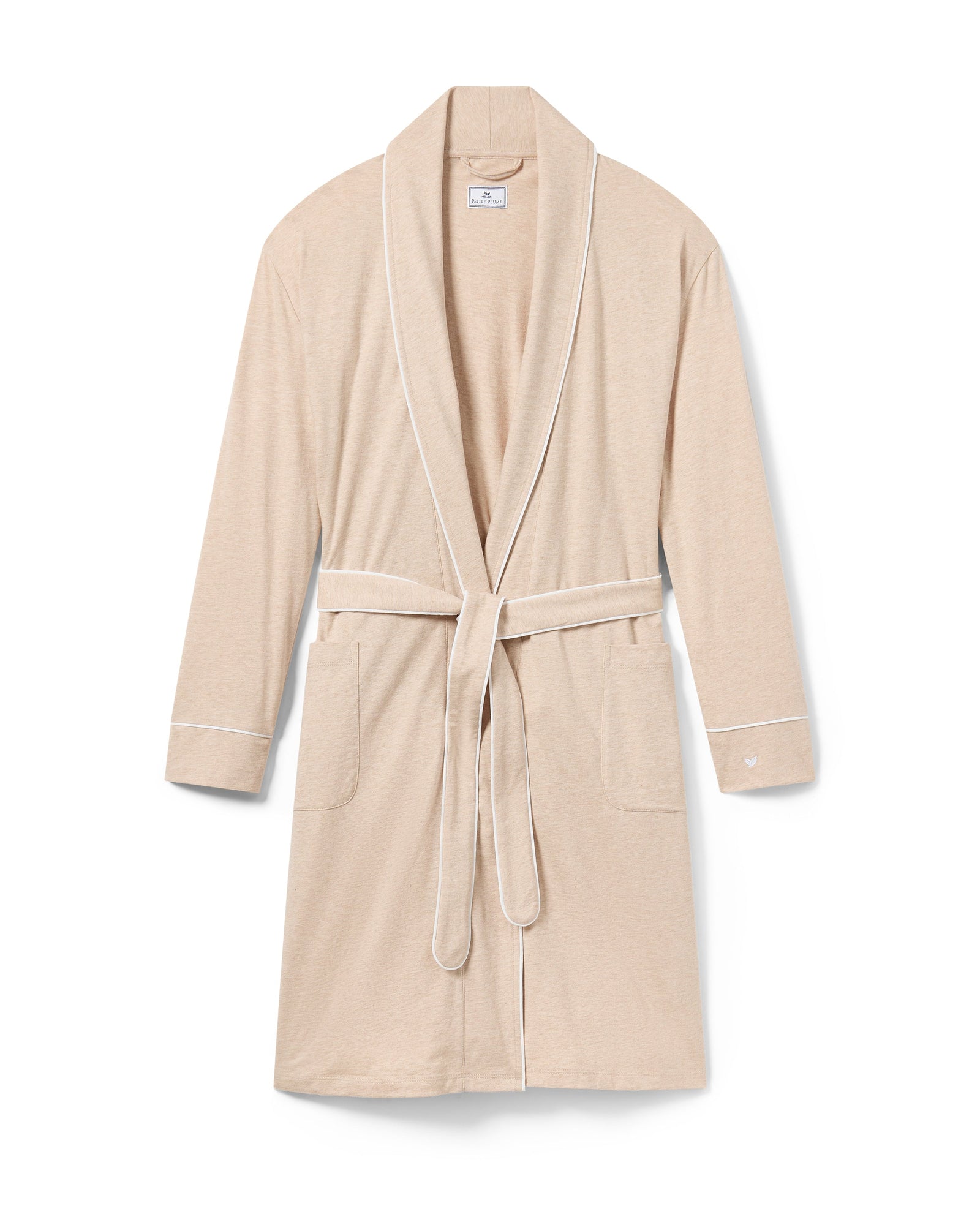 The Women's Pima Robe in Camel features white trim, long sleeves, two front pockets, and a matching waist belt, shown on a white background.