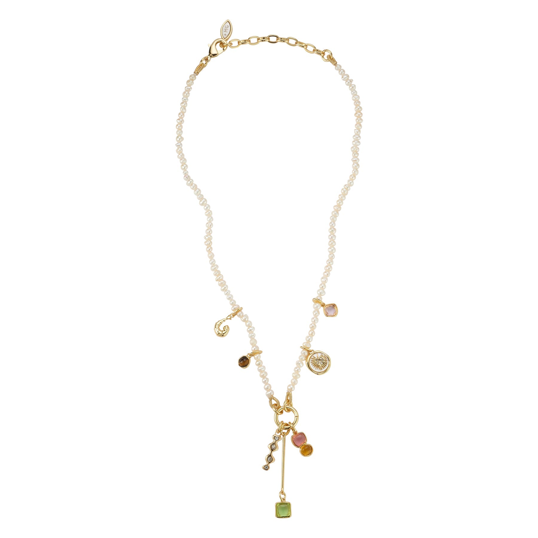 Pearl and Charm Necklace on Flat White Background