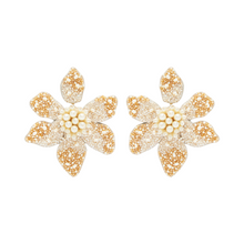 Cream and Tan Bead and Pearl Flower Drop Earrings on Flat White Background