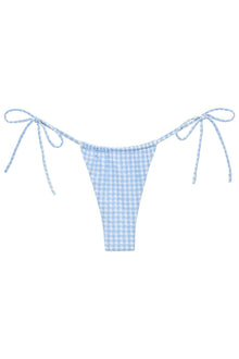 Blue and white gingham bikini bottom with tie-up sides and textured fabric.