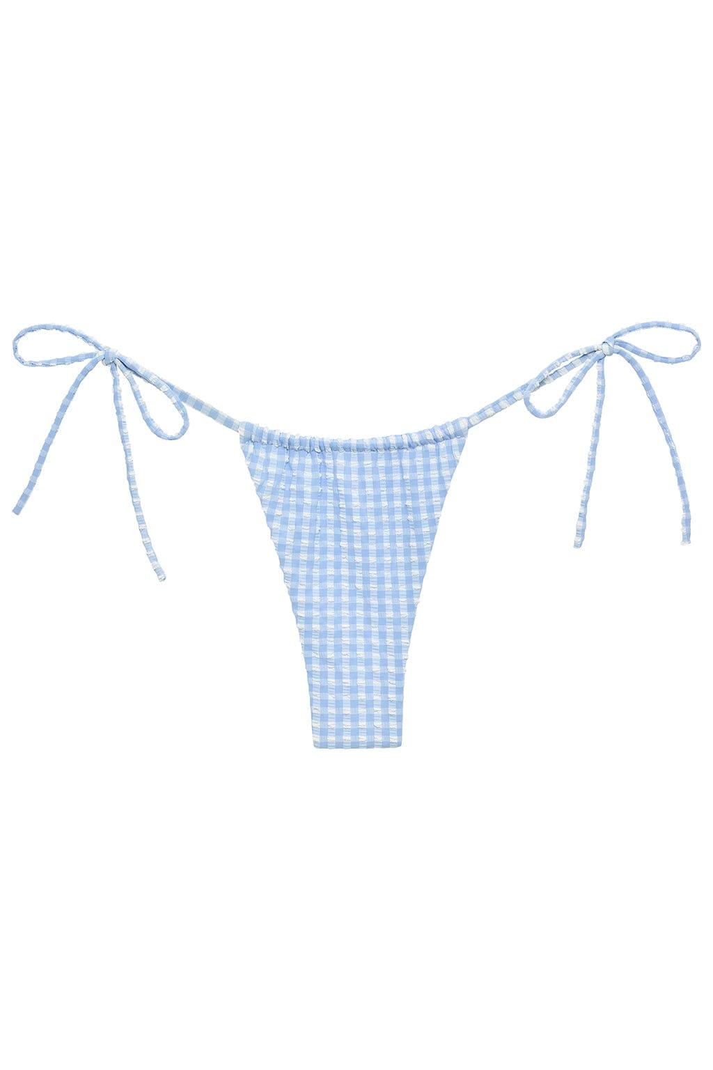 Blue and white gingham bikini bottom with tie-up sides and textured fabric.