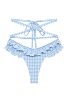 Blue and white gingham bikini bottom with ruffled trim and strappy tie-back design.