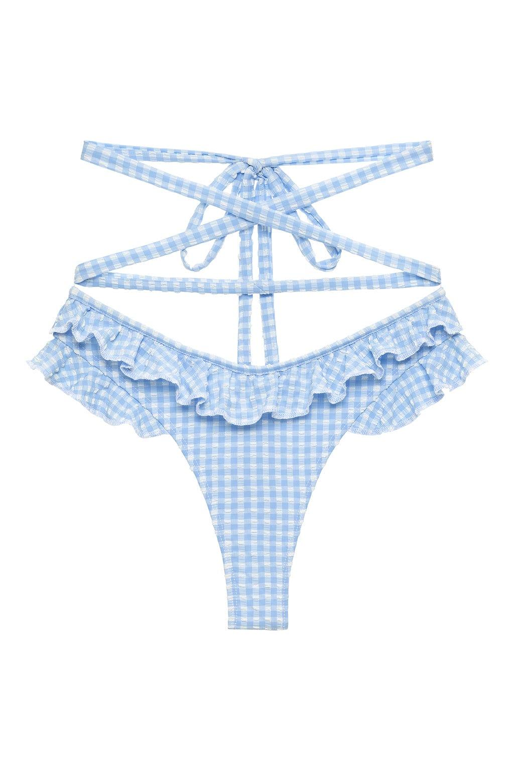 Blue and white gingham bikini bottom with ruffled trim and strappy tie-back design.