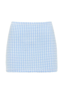 Blue and white gingham micro skirt with a fitted silhouette and textured fabric.