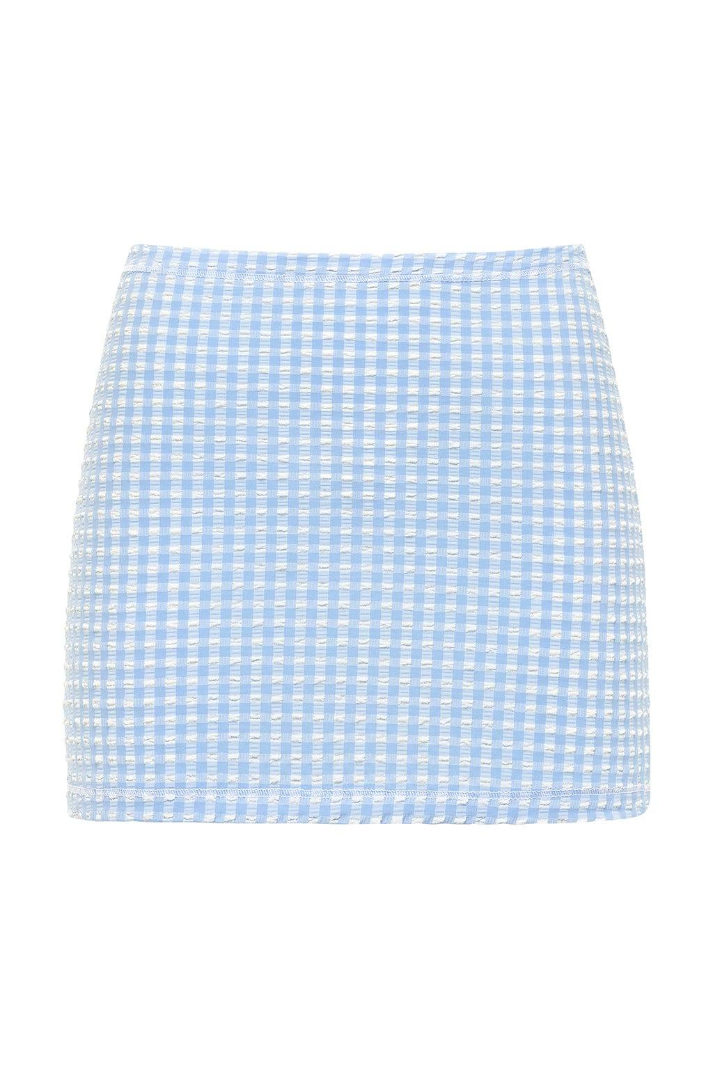 Blue and white gingham micro skirt with a fitted silhouette and textured fabric.