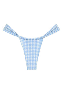 Light blue and white micro gingham bikini bottom with gathered sides and tie straps.