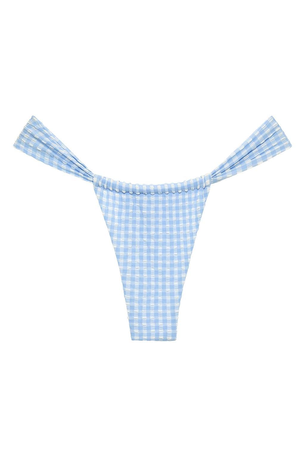 Light blue and white micro gingham bikini bottom with gathered sides and tie straps.