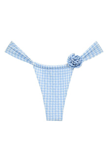 Blue and white micro gingham bikini bottom with gathered side ties and a fabric rosette detail at the center front.