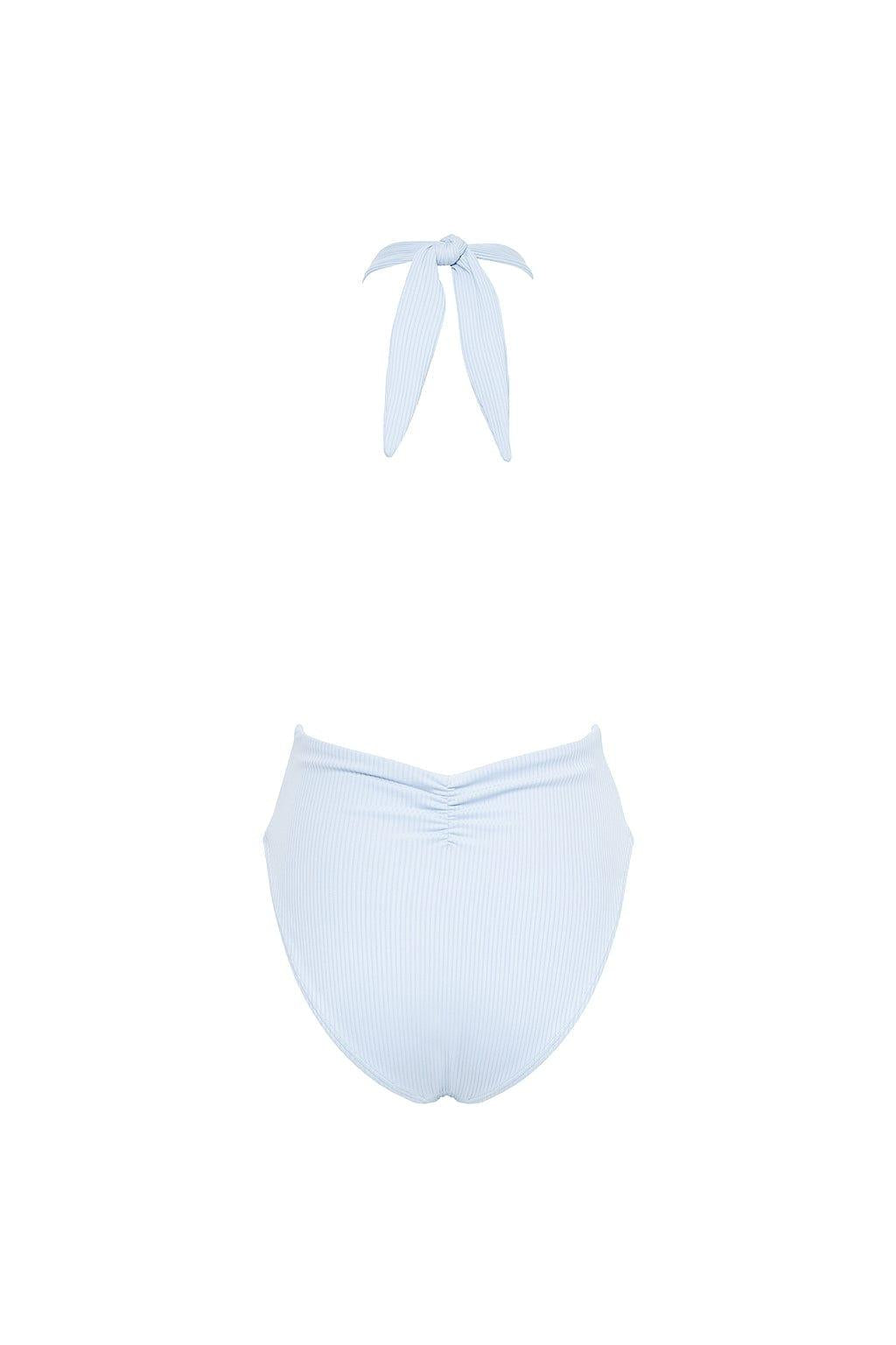 Light blue ribbed one-piece swimsuit with halter tie-up neckline and ruched front detail.
