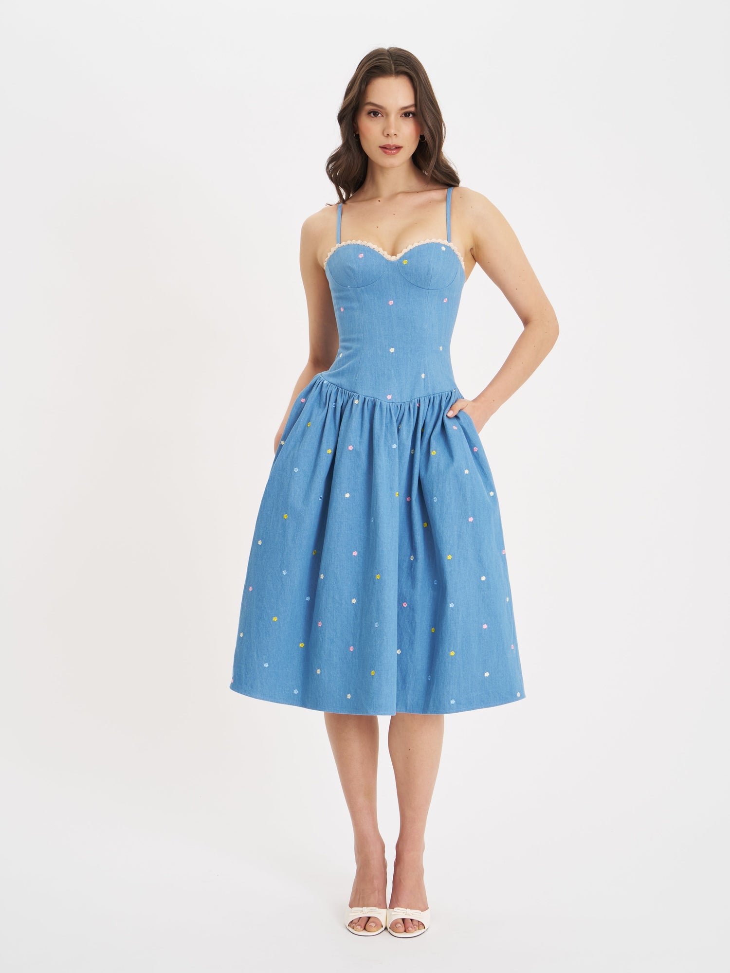 Zadie Cotton Denim Drop Waist Embroidery Flower Midi Dress | Blue