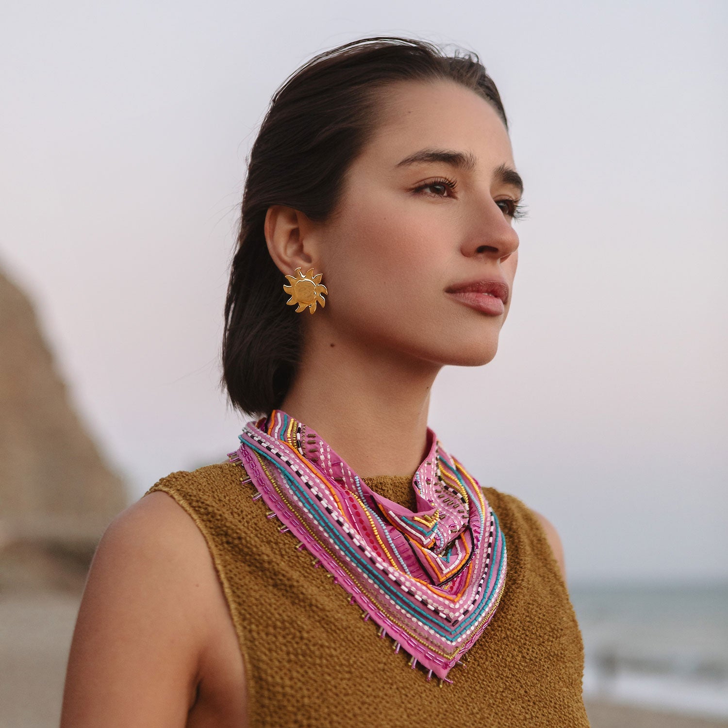 Pink Base with Multi-Colored Beading Embroidered Bandana Styled on Model