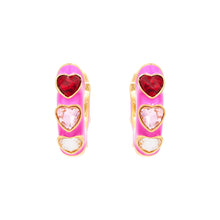 Pink Enamel and Crystal Heart Hoop Earrings on Flat White Background