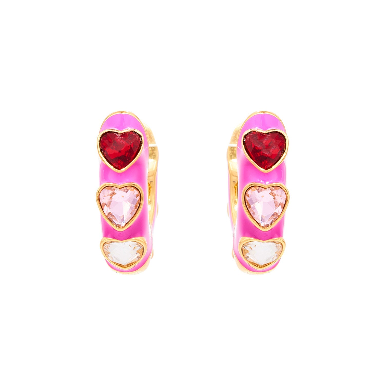 Pink Enamel and Crystal Heart Hoop Earrings on Flat White Background
