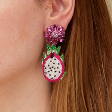 Pink, Green, and White Beaded Dragonfruit Double Drop Earrings Styled on Model