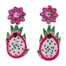Pink, Green, and White Beaded Dragonfruit Double Drop Earrings on Flat White Background