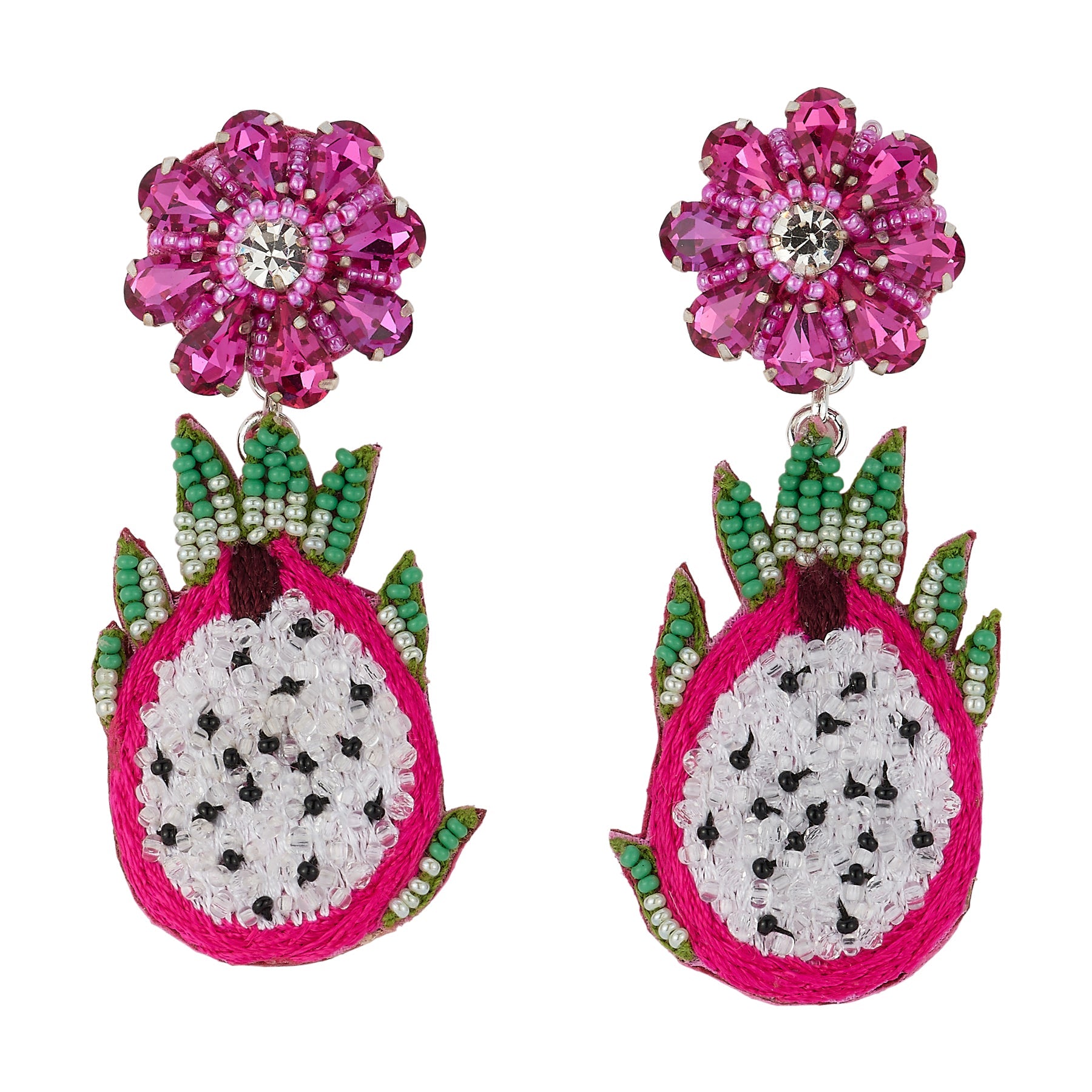 Pink, Green, and White Beaded Dragonfruit Double Drop Earrings on Flat White Background
