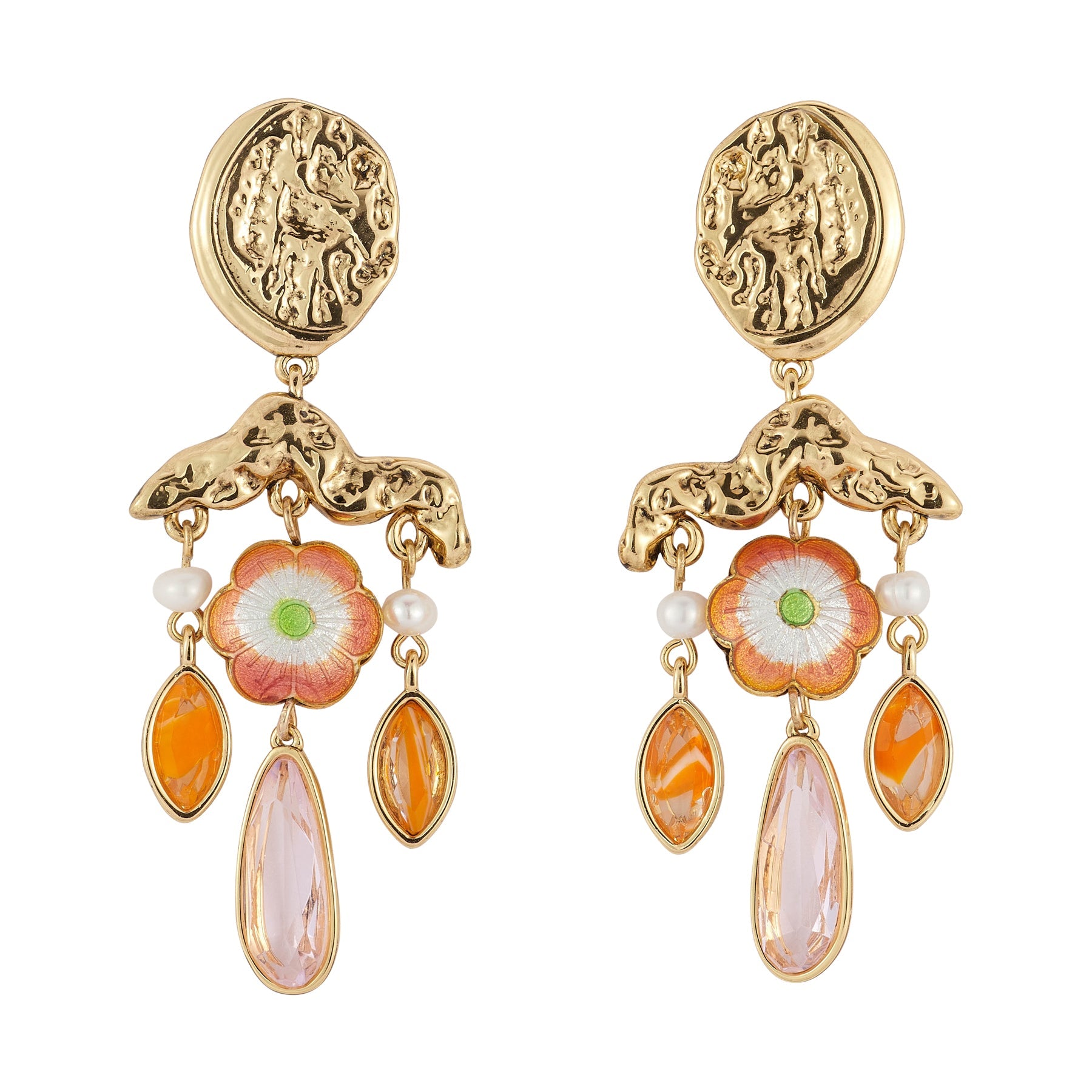 Crystal, Pearl, Bead, and Gold Chandelier Drop Earrings On Flat White Background