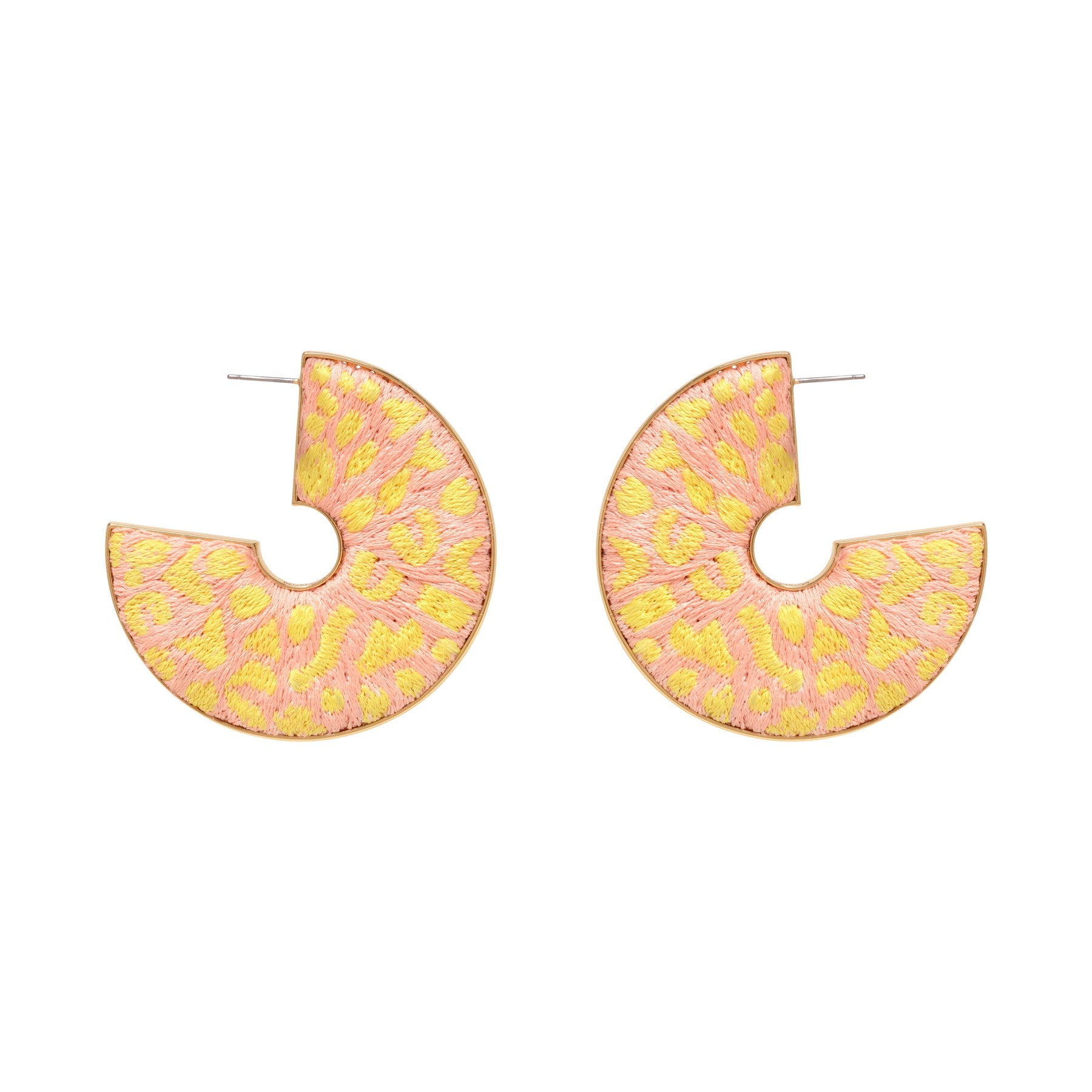 Pink and Yellow Embroidered Leopard Hoops on Flat White Background