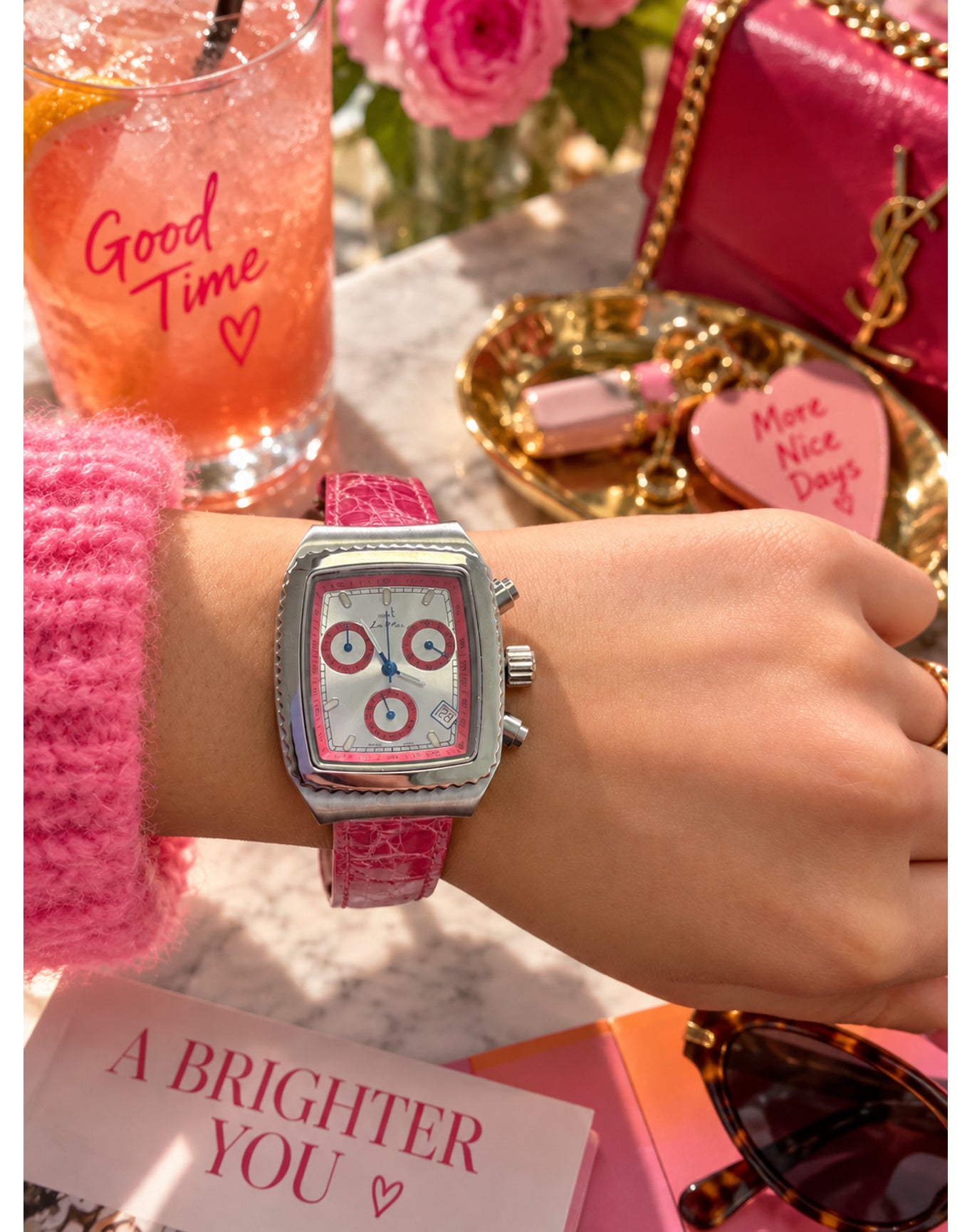 Pink Chronograph Watch Steel Watch with Genuine Leather Band | Red/Silver