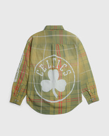 Boston Celtics sports flannel shirt with plaid pattern and large logo on back