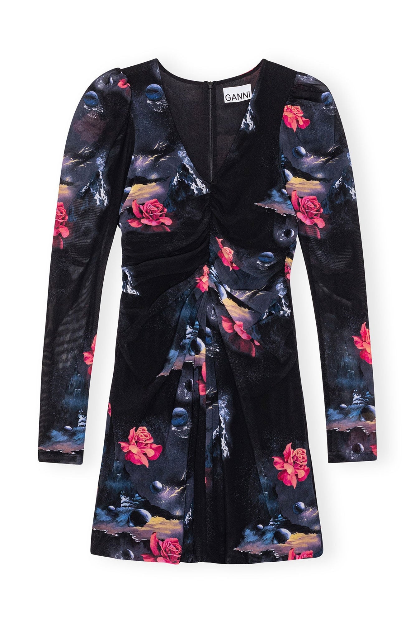 Printed Mesh Gathered Mini Dress | Black