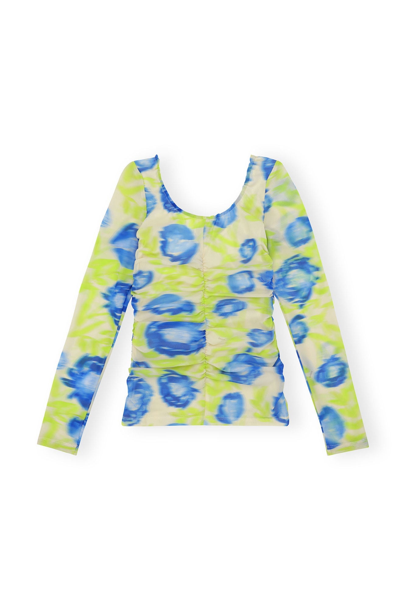 Printed Mesh U neck Ruched Blouse | Strong Blue