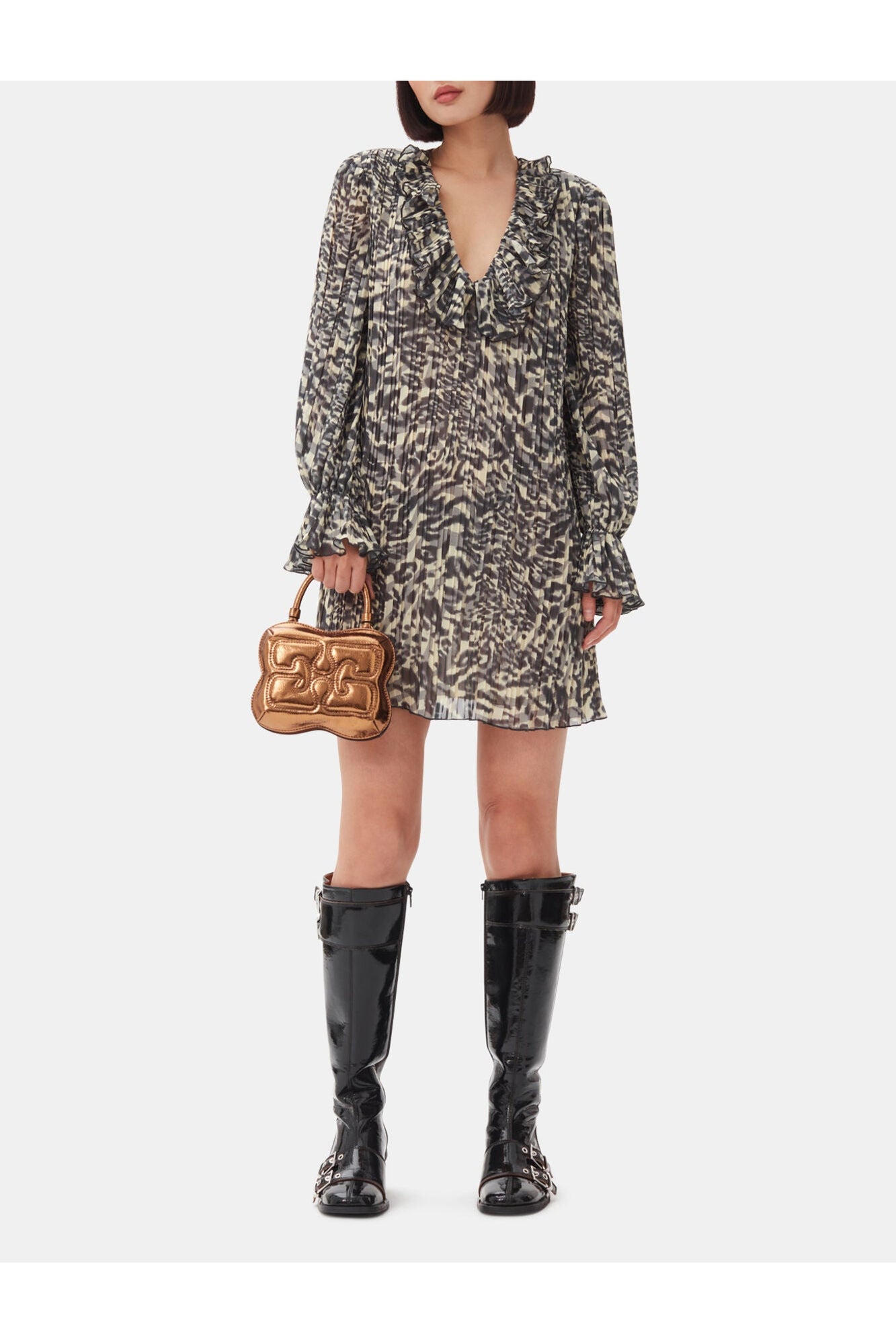 Printed Pleated Georgette Flounce Neck Mini Dress | Lemon Icing