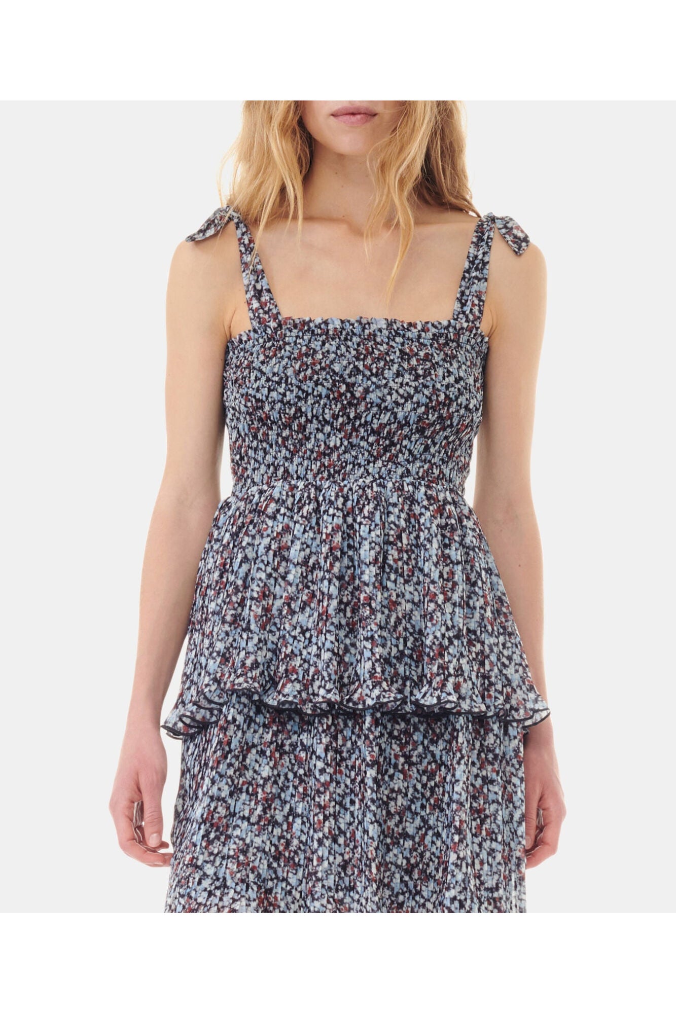 Printed Pleated Georgette Mini Dress | Phantom