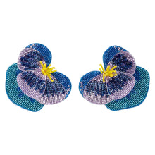 Purple, Blue, and Yellow Beaded Pansy Flower Stud Earrings on Flat White Background