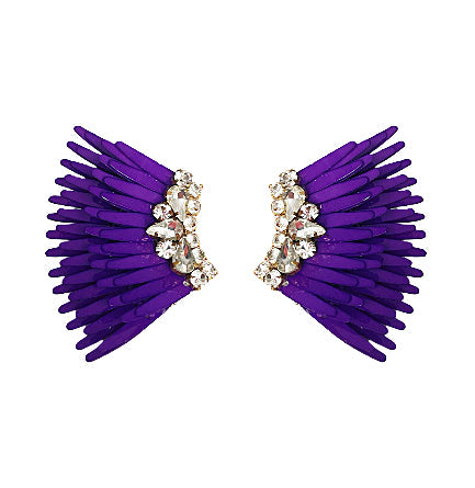 Purple Sequin and Clear Crystal Wing Stud Earring on Flat White Background