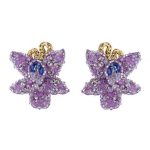 Purple and Blue Beaded Flower Drop Earrings on Flat White Background
