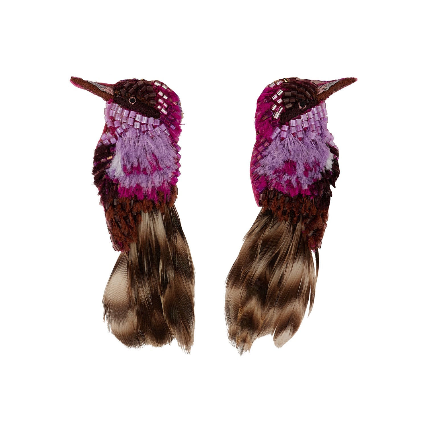 Purple and Brown Beaded and Embroidered Bird Stud Earrings on Flat White Background
