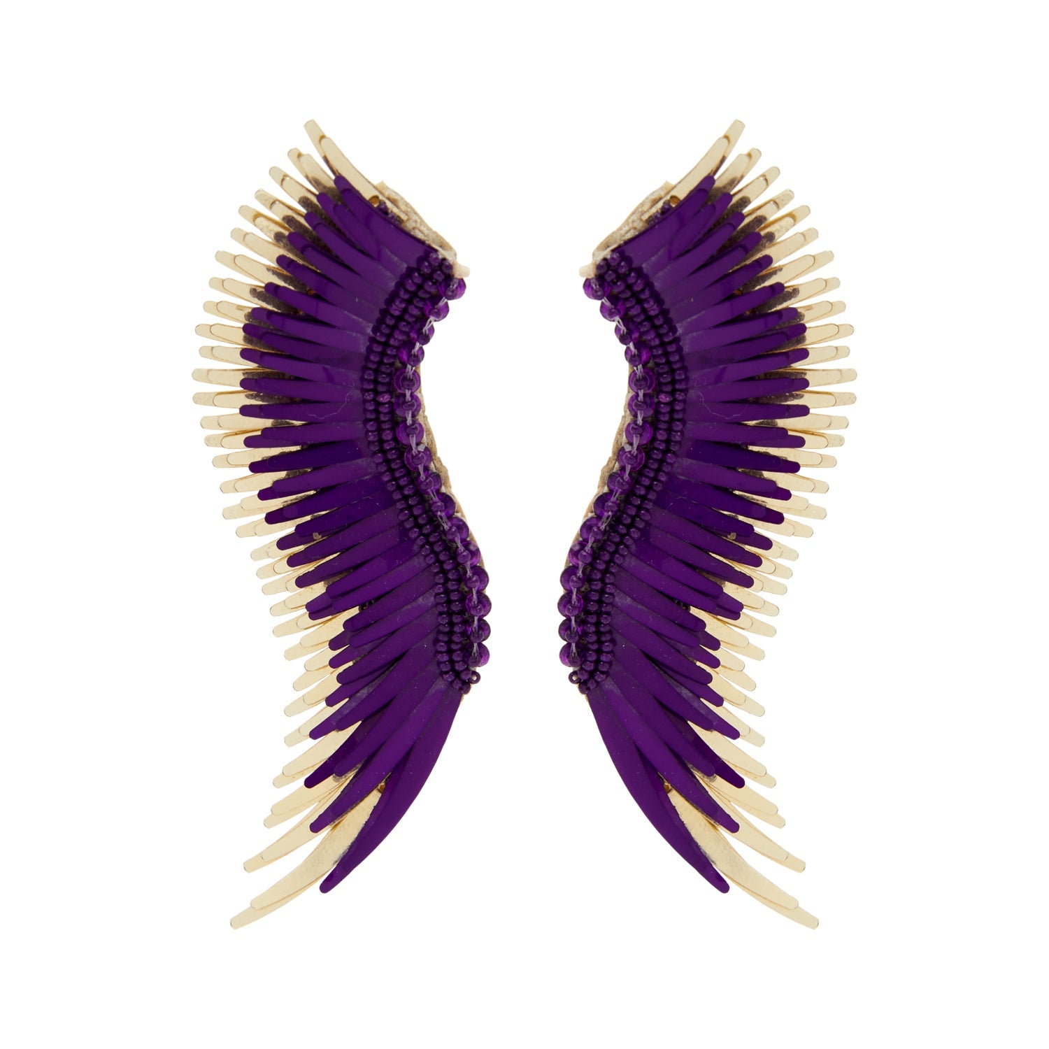 Purple and Gold Sequin and Bead Wing Earrings on Flat White Background