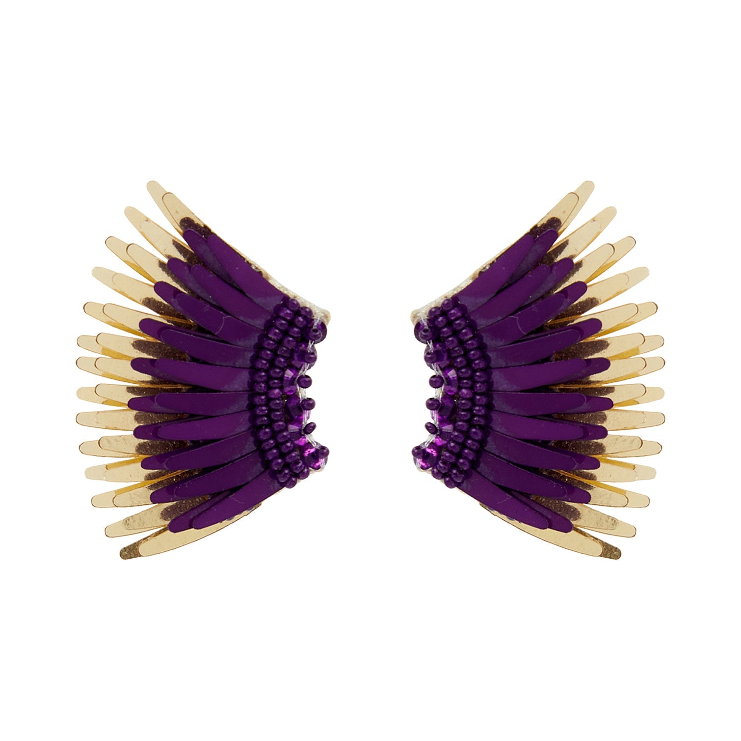Purple and Gold Sequin and Bead Wing Stud Earrings on Flat White Background