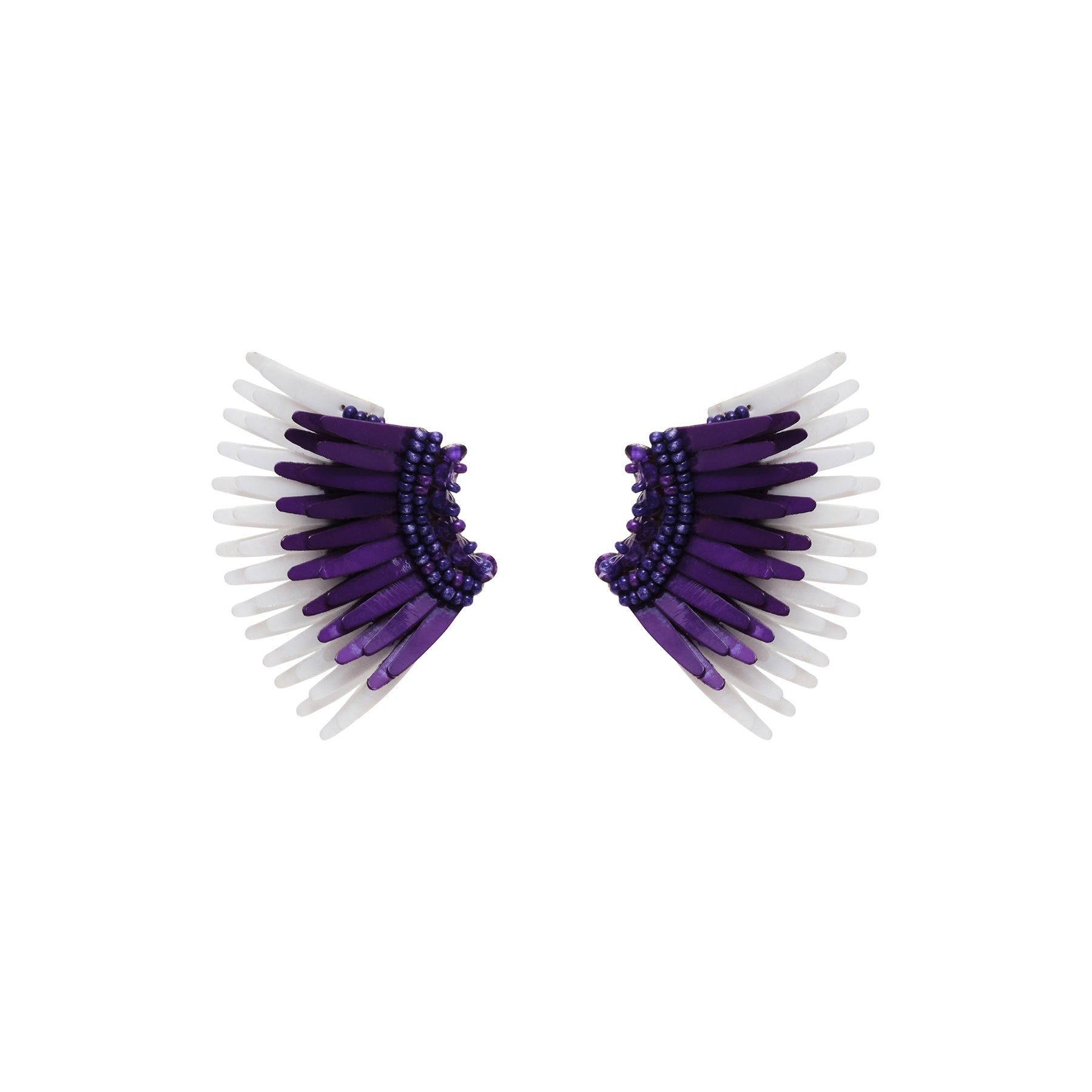 Purple and White Sequin and Bead Wing Stud Earrings on Flat White Background