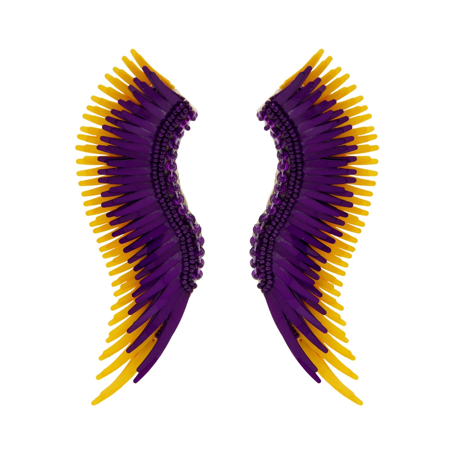 Yellow and Purple Sequin and Bead Wing Earrings on Flat White Background