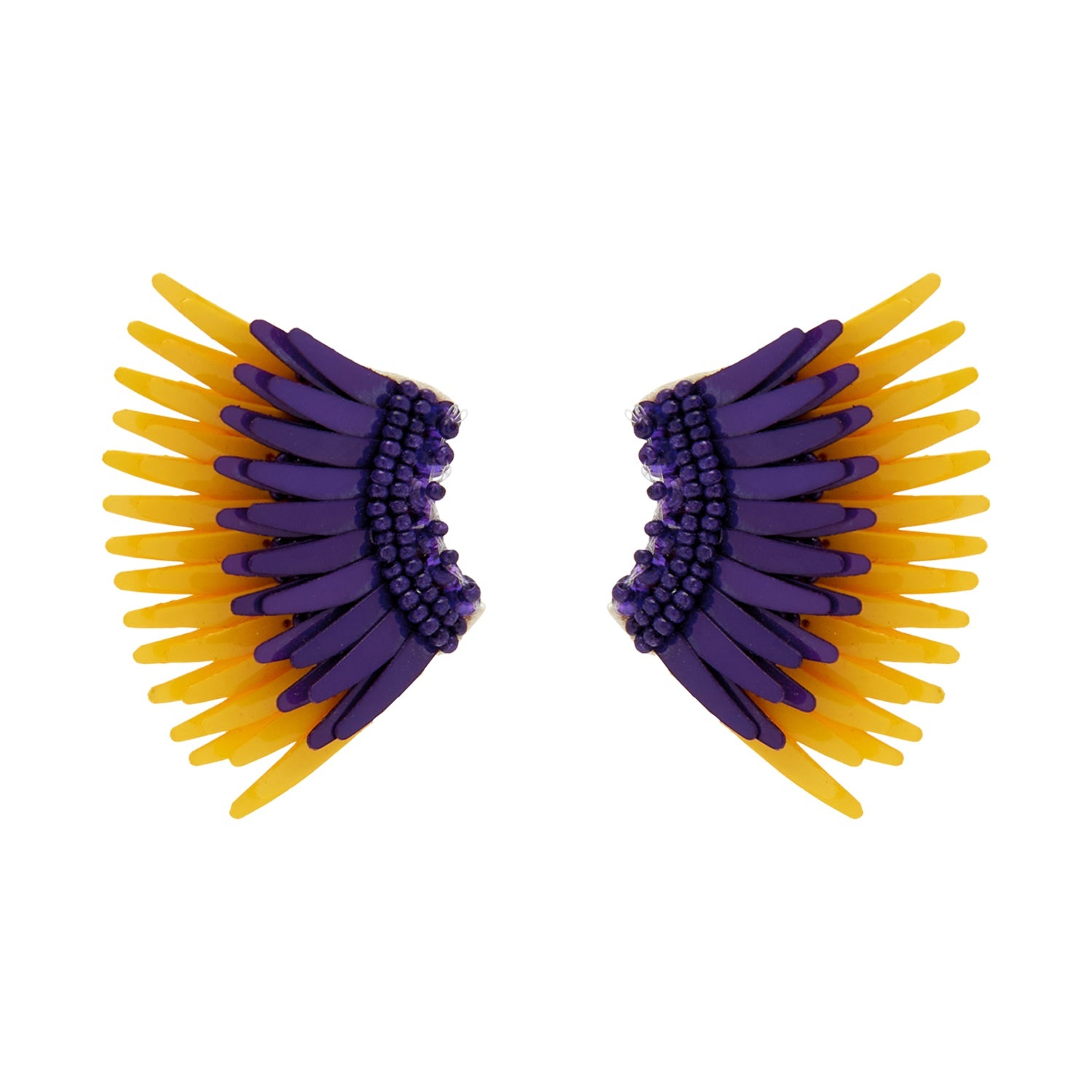 Purple and Yellow Sequin and Bead Wing Stud Earrings on Flat White Background