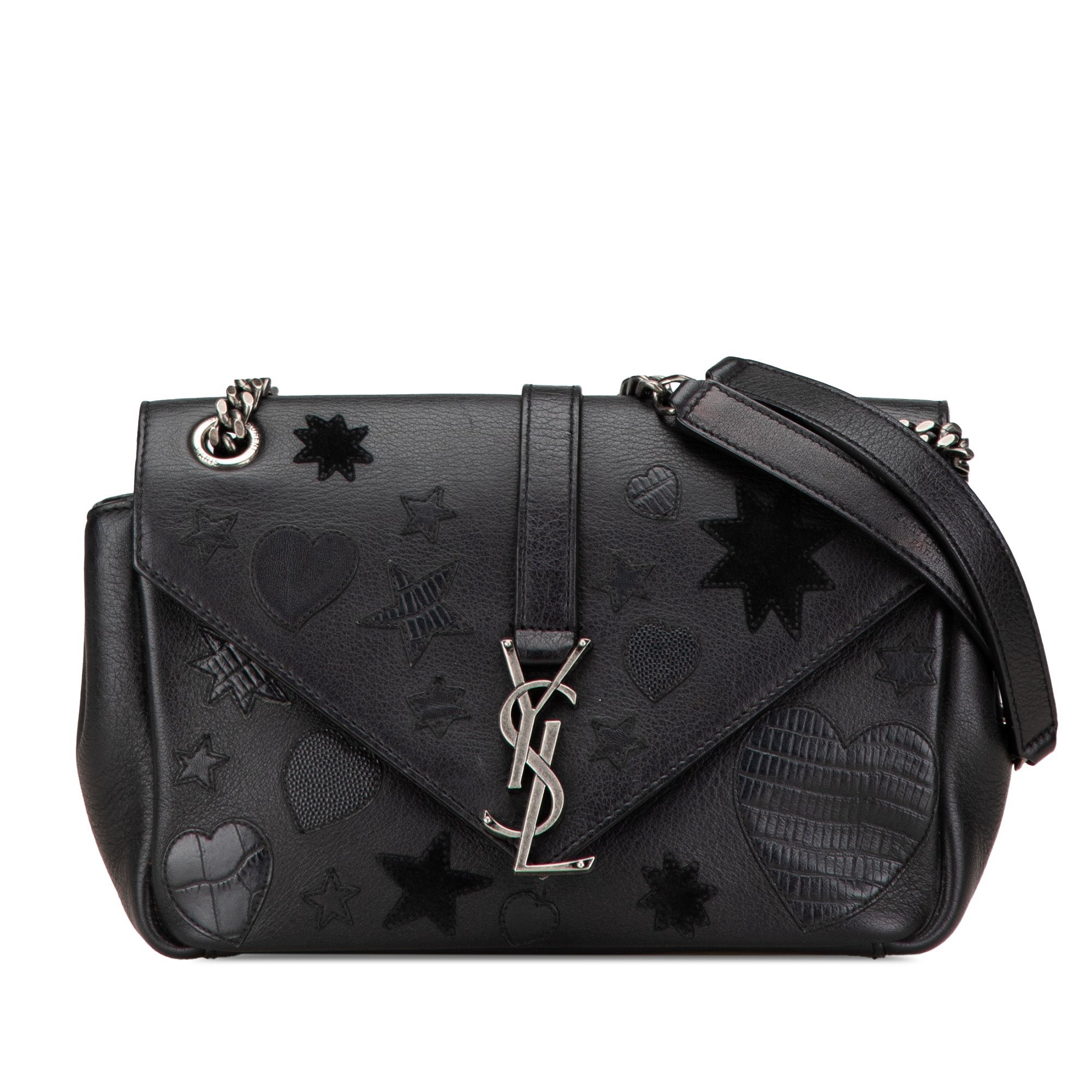 Saint Laurent | Pre-Owned Medium Monogram Heart Patchwork Chain Wallet | Black