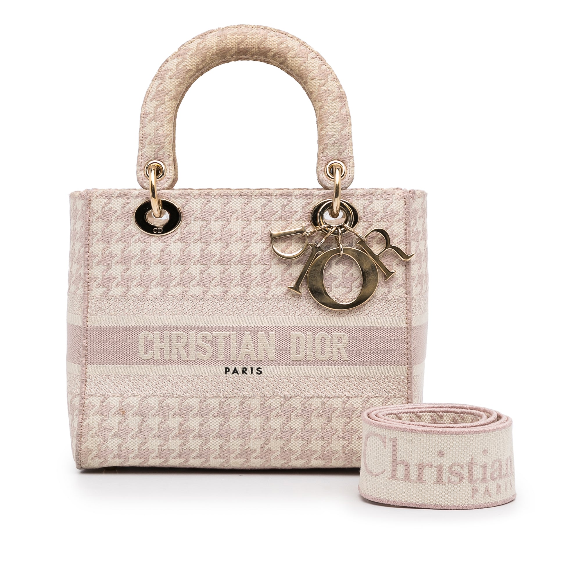 Dior | Pre-Owned Medium Embroidered Canvas Houndstooth Lady D Lite | Pink/Light Pink