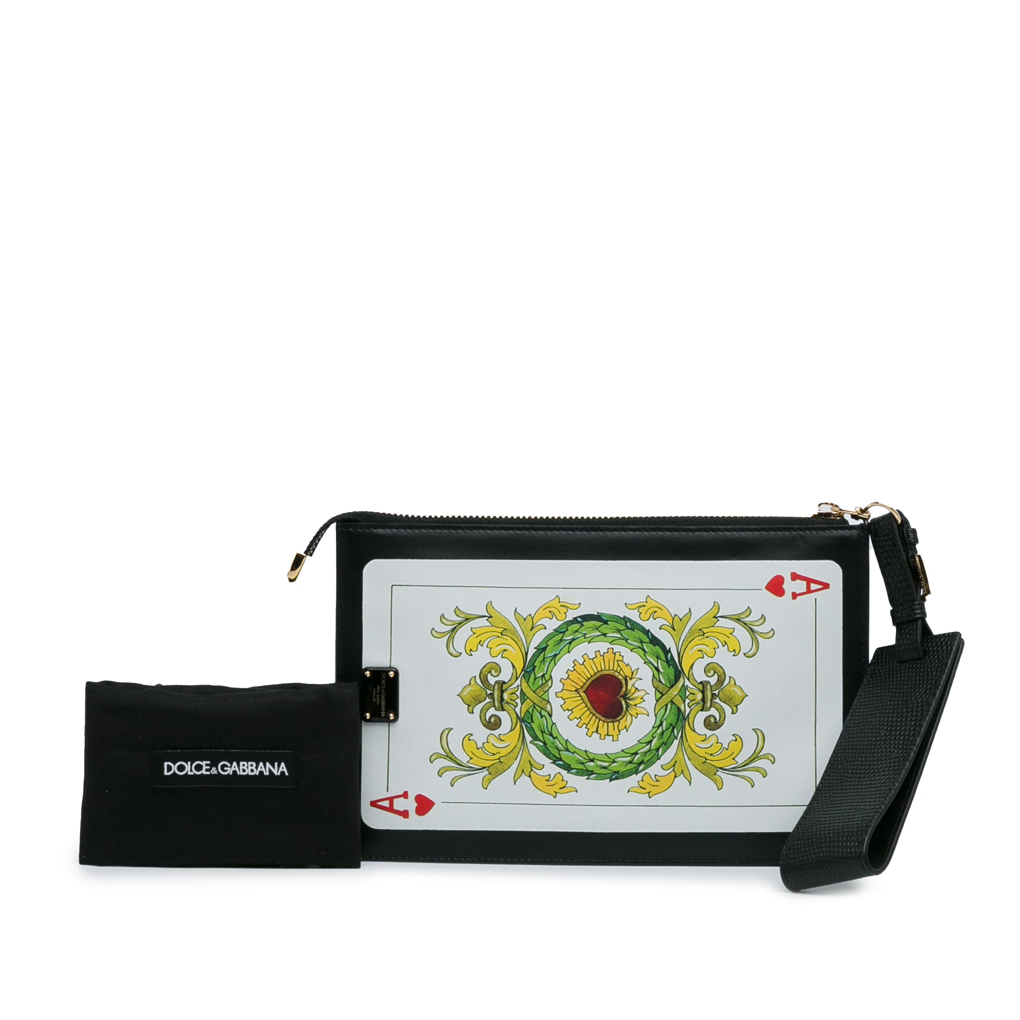 Dolce & Gabbana | Pre-Owned Printed Calfskin Playing Card Wristlet Clutch | Black