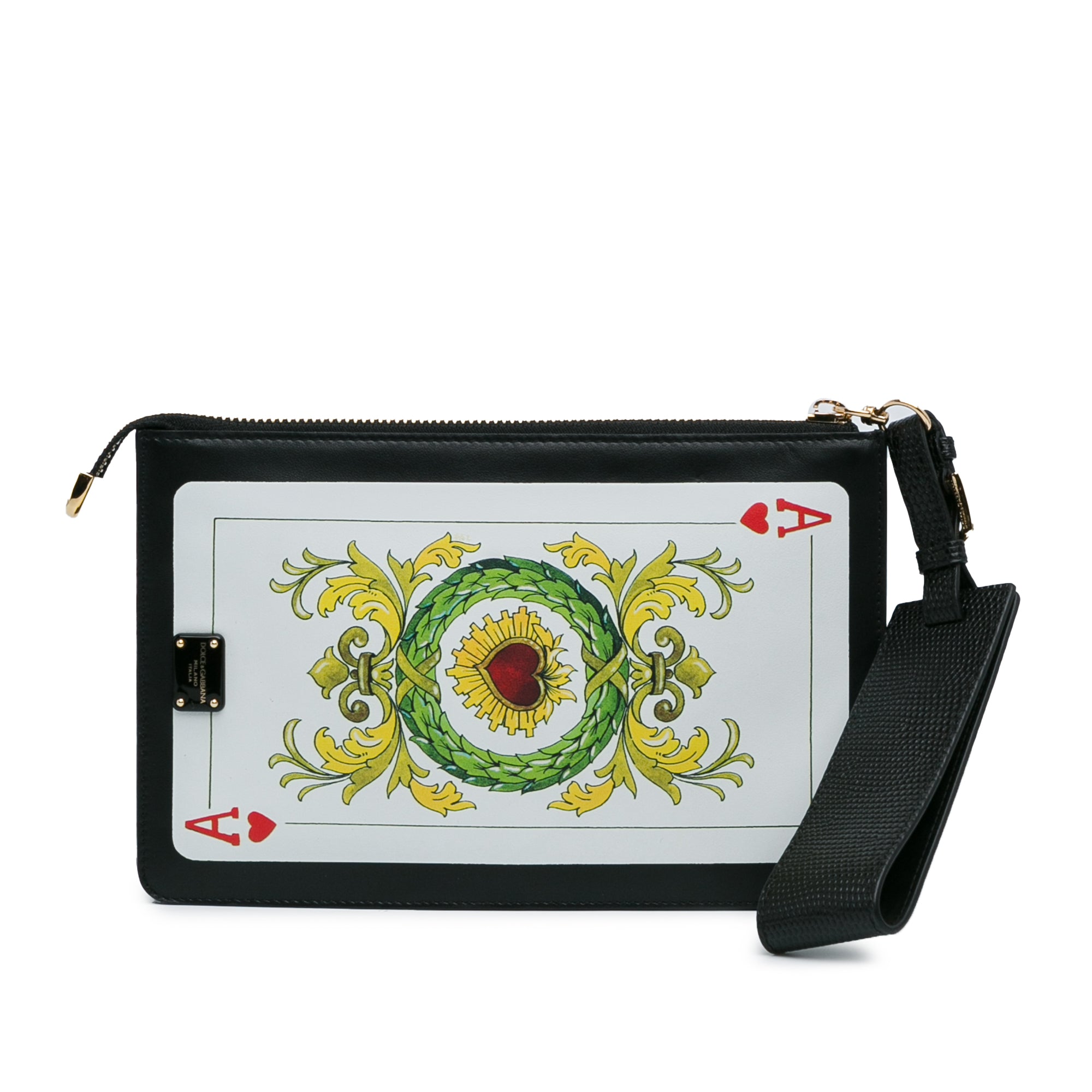 Dolce & Gabbana | Pre-Owned Printed Calfskin Playing Card Wristlet Clutch | Black