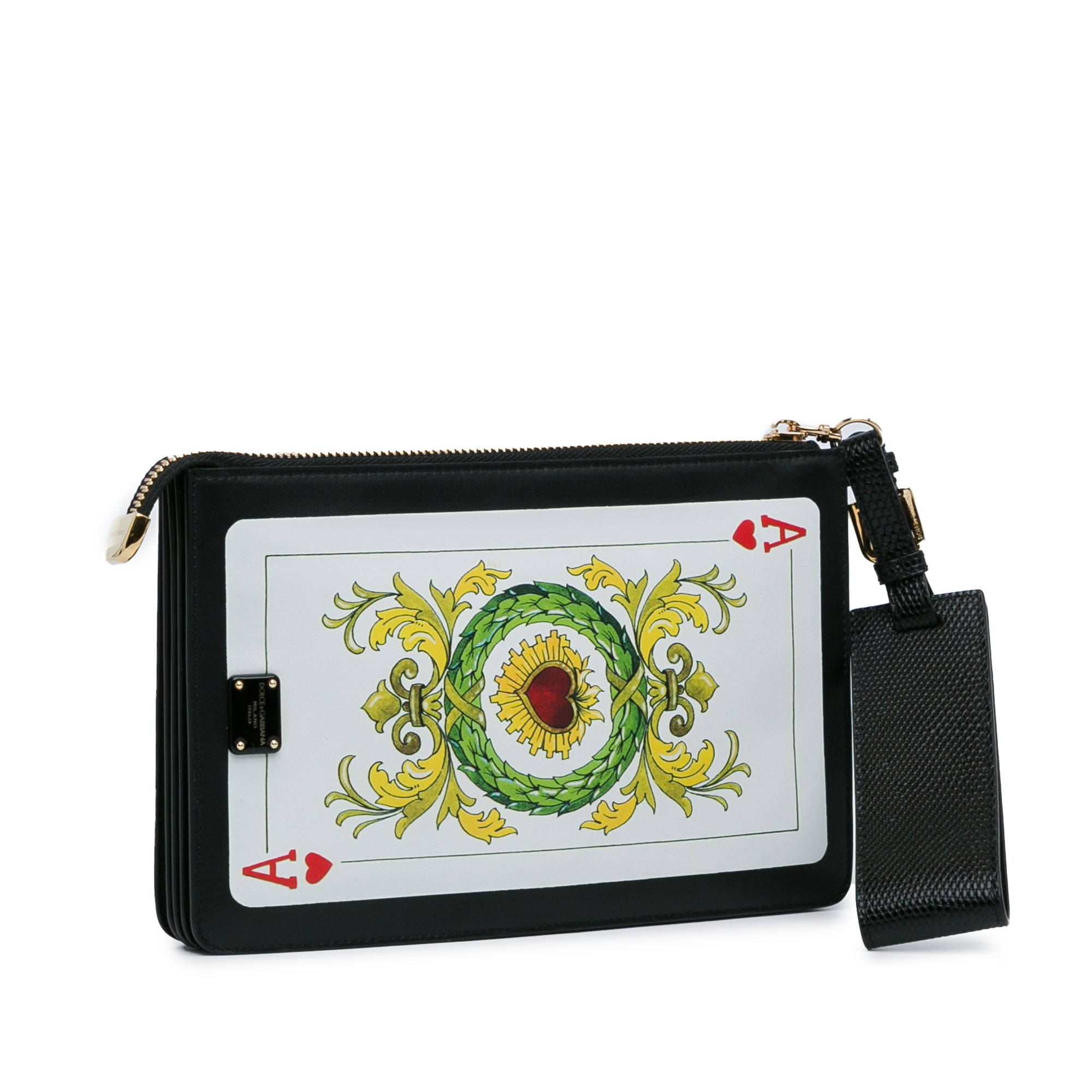 Dolce & Gabbana | Pre-Owned Printed Calfskin Playing Card Wristlet Clutch | Black